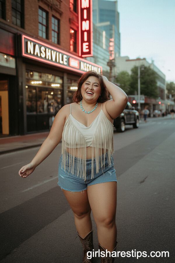 Boho Fringe Top and Denim Shorts: Music Venue Cowgirl Vibes