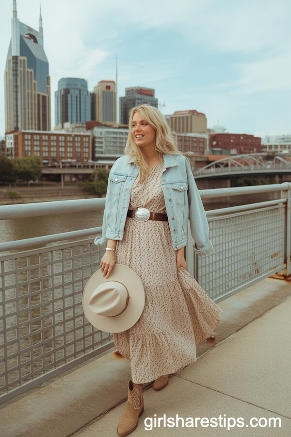 Printed Maxi Dress and Denim Jacket: Modern Cowgirl by the Pedestrian Bridge