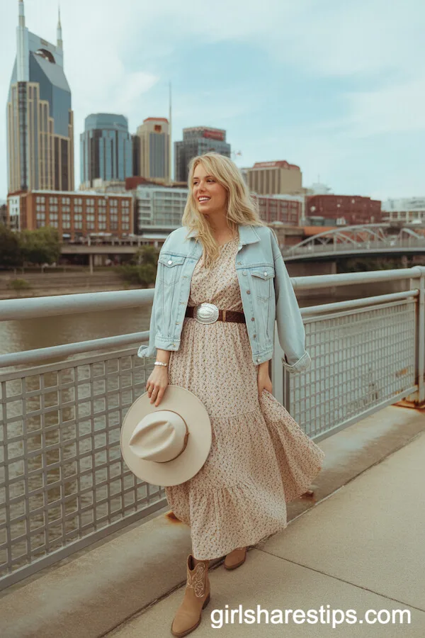 Printed Maxi Dress and Denim Jacket: Modern Cowgirl by the Pedestrian Bridge