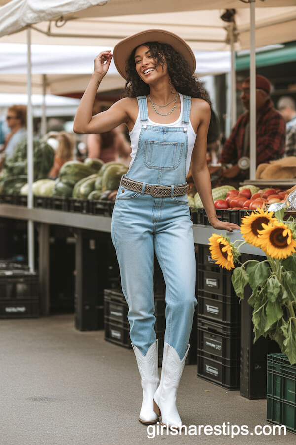 Light Denim Overalls with White Boots: Chic Urban Cowgirl at the Farmers Market