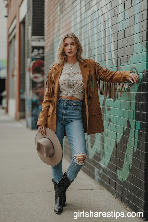 Distressed Jeans, Fringe Jacket, Cowgirl Boots