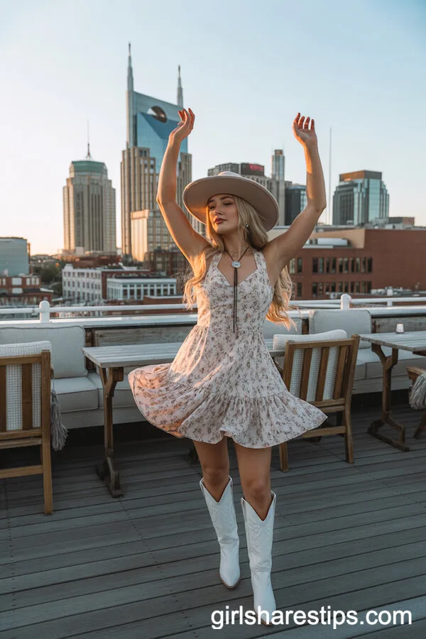 Fit-and-Flare Mini Dress and White Western Boots: Rooftop City Cowgirl