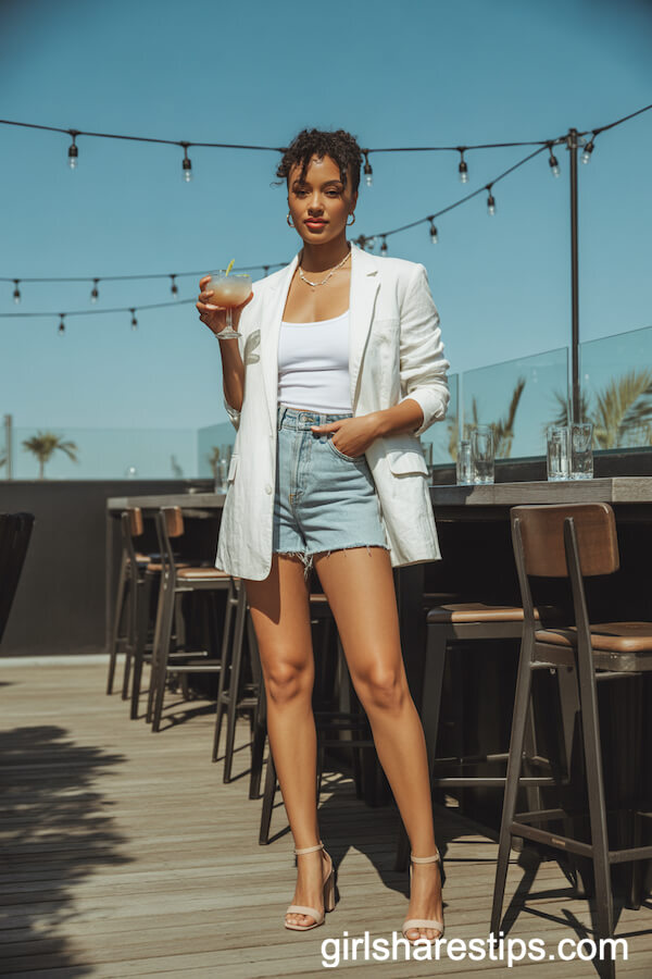 Chic White Linen Blazer with Denim Shorts and Sandals