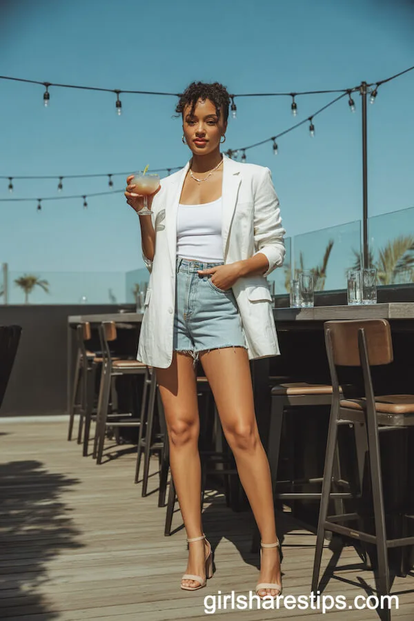 Chic White Linen Blazer with Denim Shorts and Sandals