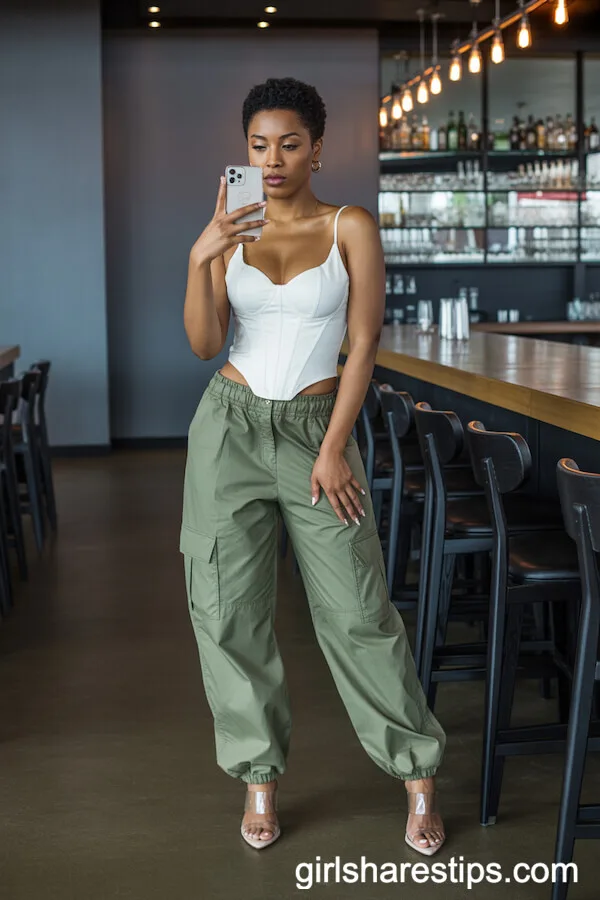 Olive Cargo Pants White Corset Top