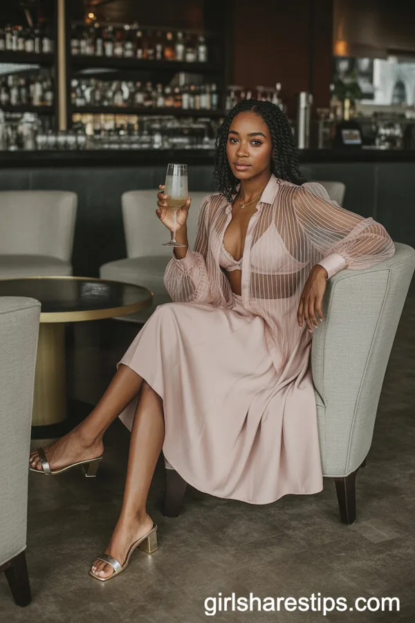 Blush Midi Skirt with Sheer Blouse and Bralette