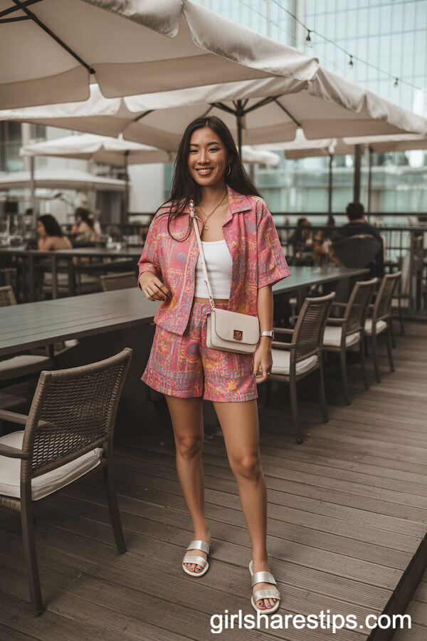 Bright Patterned Shorts Set with White Sandals