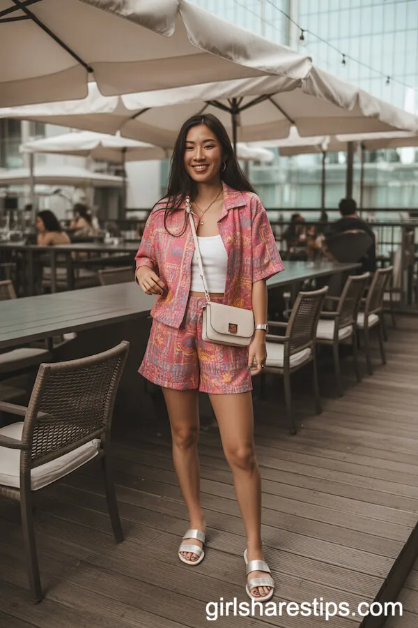 Bright Patterned Shorts Set with White Sandals