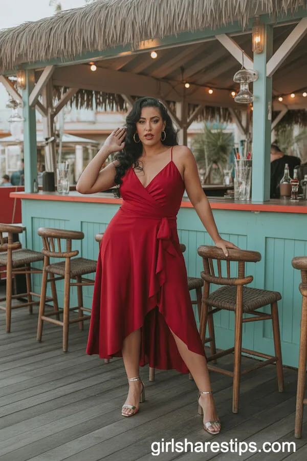 Vintage Red Wrap Dress with Ankle-Strap Heels