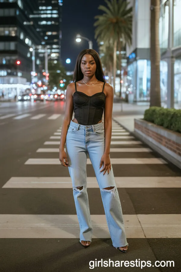 Black Corset Top with Ripped Jeans and Heels