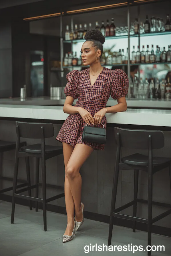 Patterned Romper with Puffed Sleeves and Pointed Heels