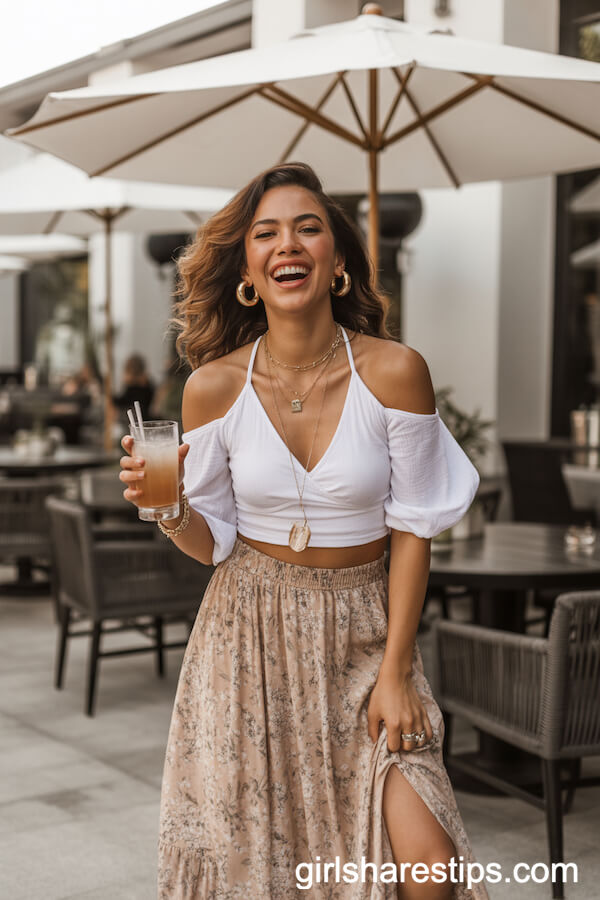 Floral Maxi Skirt White Off-Shoulder Crop Top