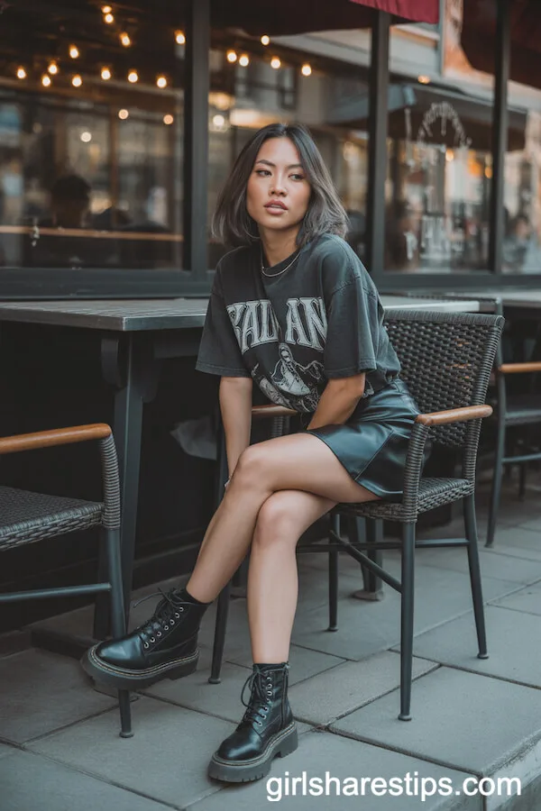 Graphic Tee, Leather Mini Skirt, Combat Boots