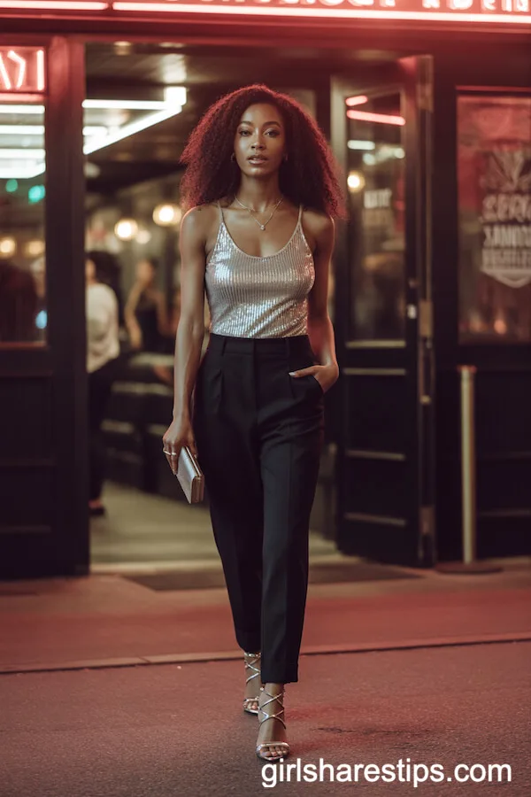 Sparkly Sequin Top with Black Trousers and Stilettos