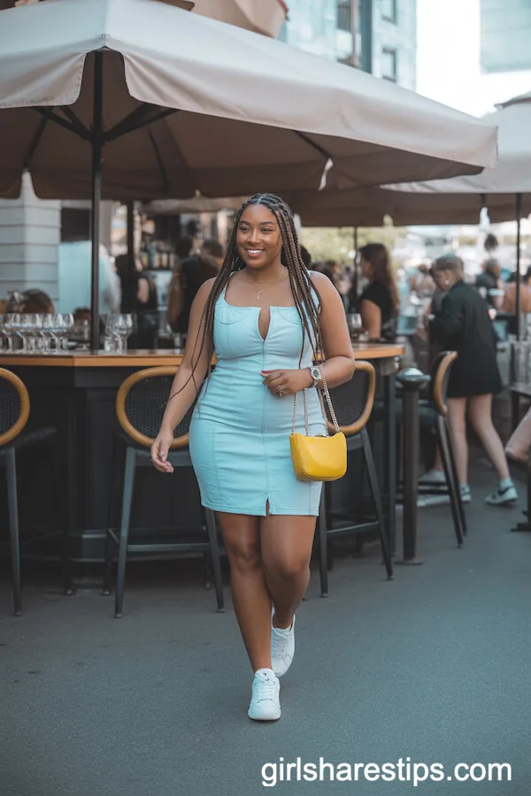 Denim Mini Dress with Sneakers and Pop of Yellow