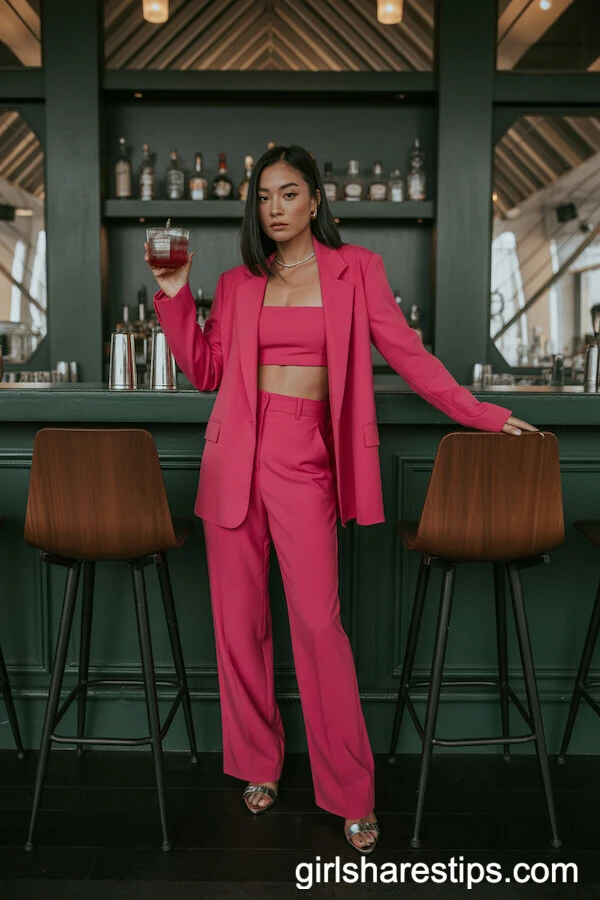 Fuchsia Tailored Pantsuit with Crop Top and Silver Heels