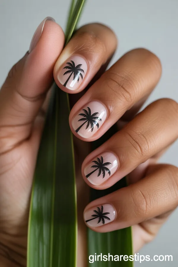 Minimalist Palm Tree Silhouette Round Nails on Nude Base