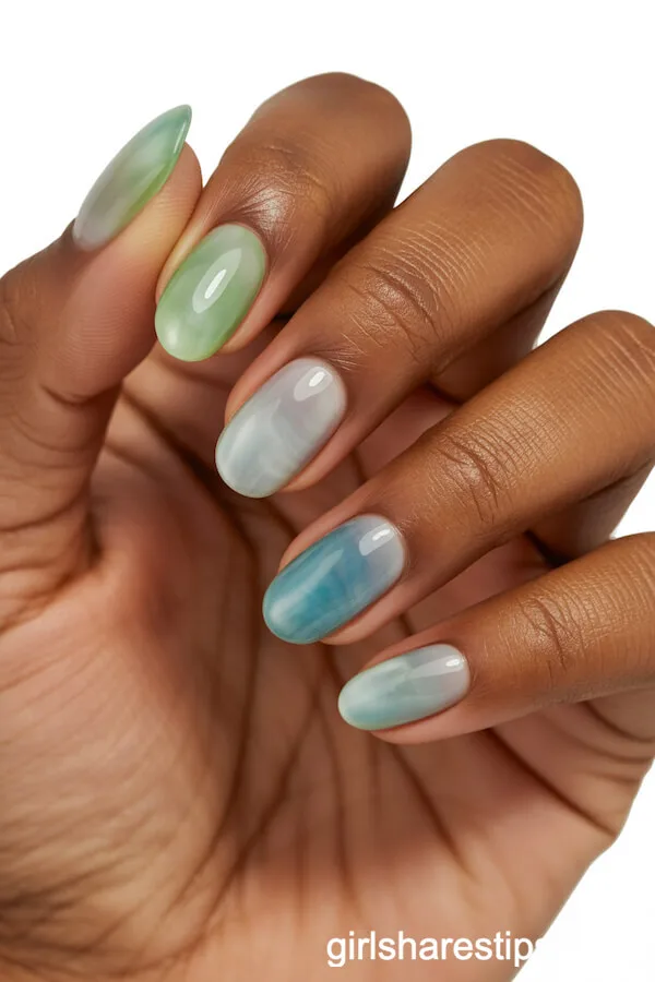 Translucent Sea Glass Oval Nails in Frosted Blues and Greens