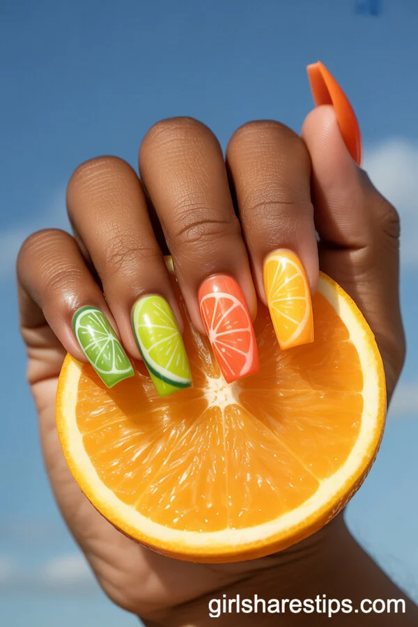 Airbrushed Citrus Coffin Nails with Lime, Lemon, and Orange Art