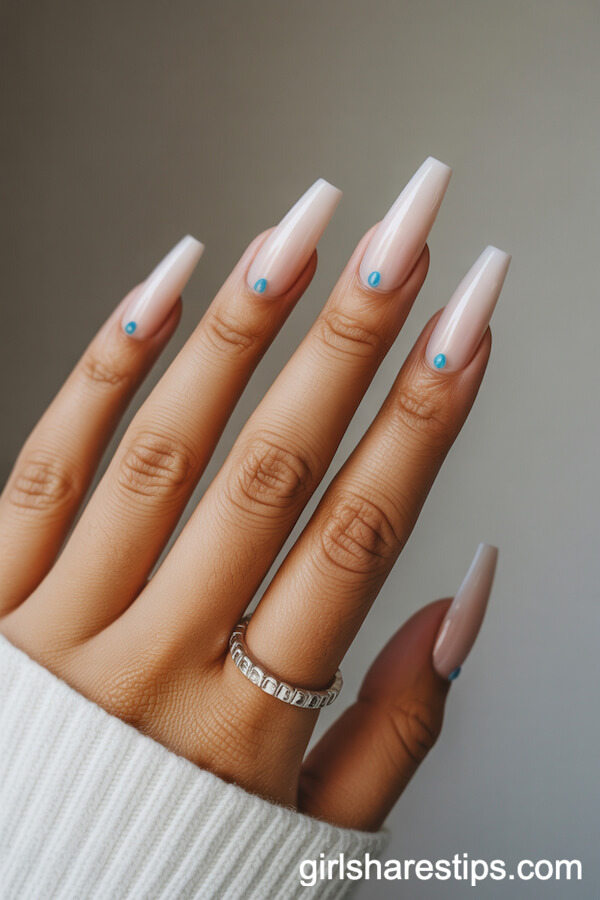 Glossy Nude Coffin Nails with Tiny Turquoise Gemstones