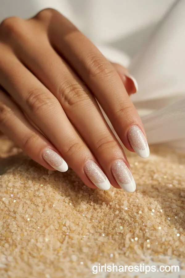 White-Tipped Almond Nails with a Fine Glitter Sand Effect