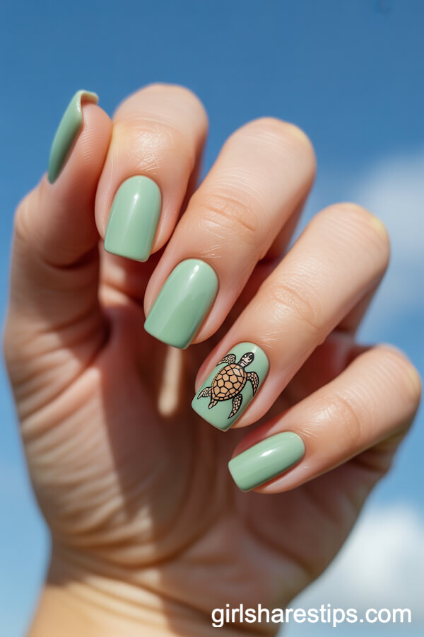 Mint Green Square Nails with a Hand-Painted Sea Turtle Accent