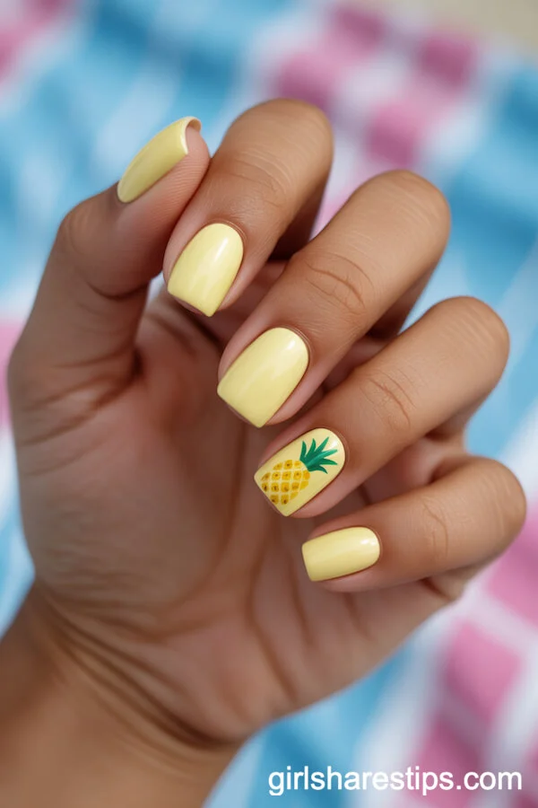 Pastel Yellow Short Square Nails with Pineapple Accents
