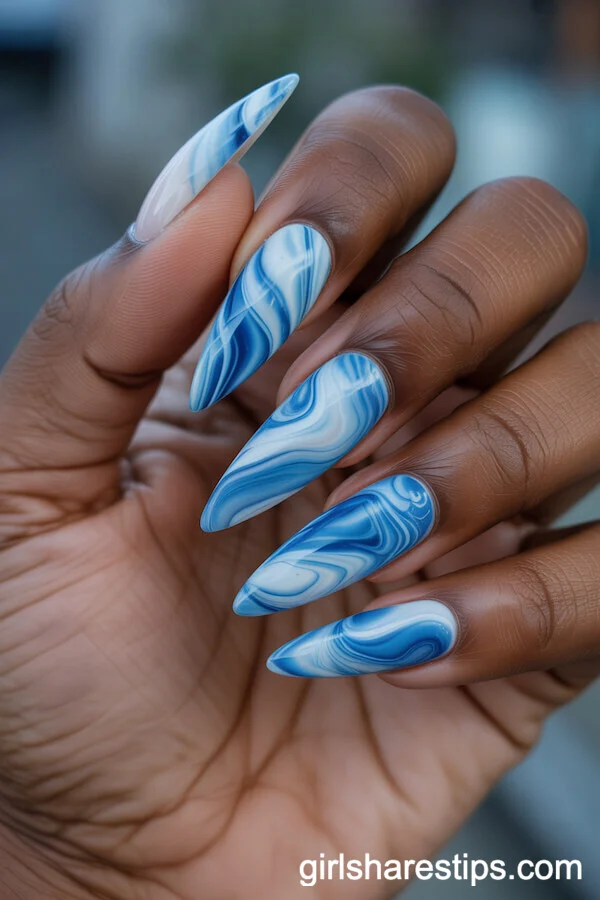 Ocean Marble Long Stiletto Nails in Blue and White Swirls