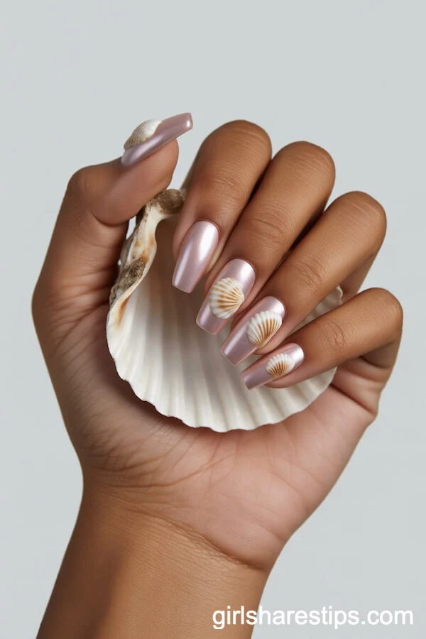 Pearlescent Pink Coffin Nails with 3D Seashell Art
