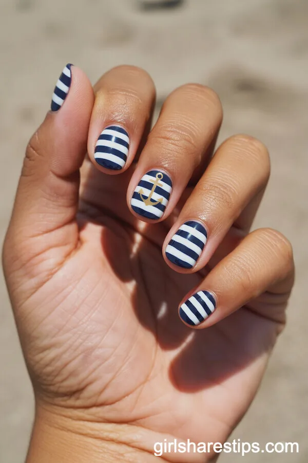 Navy and White Striped Round Nails with a Golden Anchor Highlight