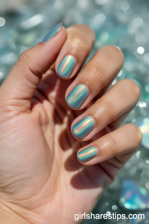 Iridescent Mermaid Scale Short Nails in Greens and Blues