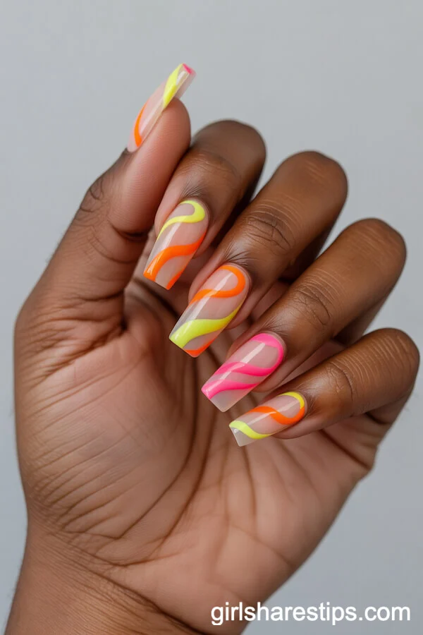 Neon Wavy Coffin Nails in Orange, Yellow, and Pink