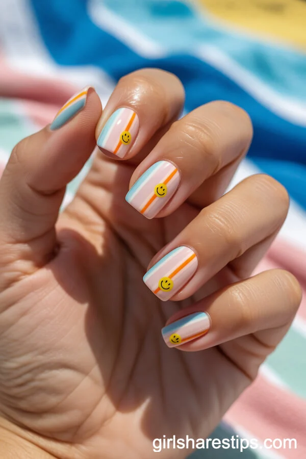 Pastel Surf Stripe Square Nails with Tiny Smiley Faces
