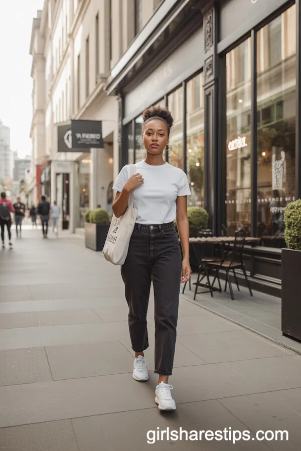 Classic White Tee High-Waisted Black Jeans with Sneakers