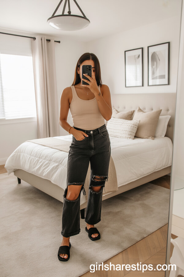 Relaxed At-Home Style: Distressed Black Jeans and Tank Top