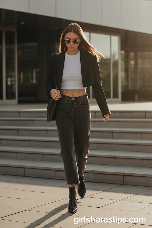Modern Blazer Look with Cropped Black Jeans and Boots