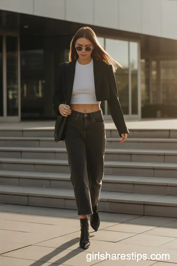 Modern Blazer Look with Cropped Black Jeans and Boots