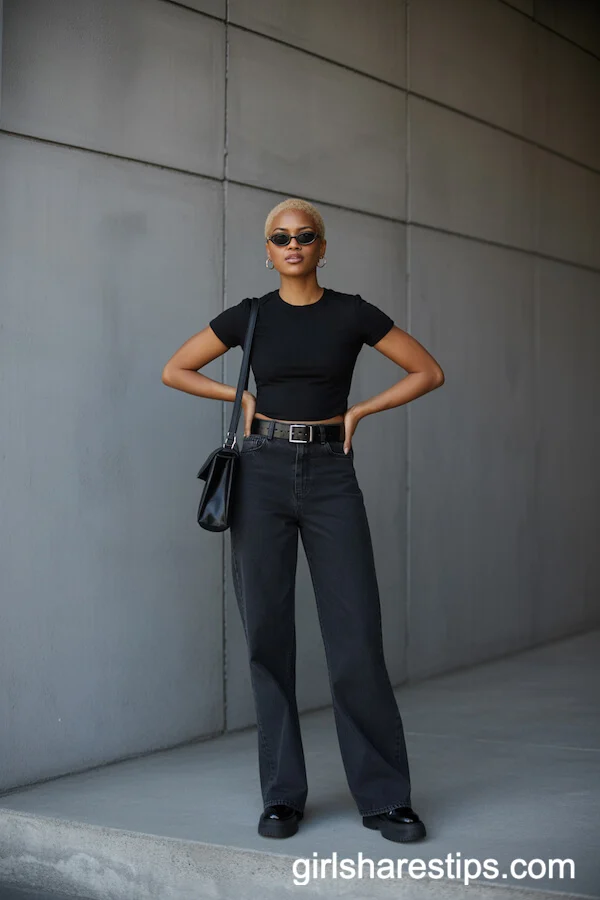 All-Black Urban Elegance: High-Waisted Black Jeans and Tee