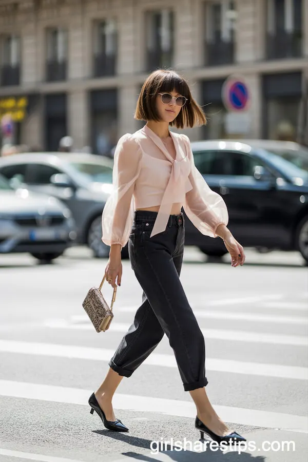 Romantic City Style: Rolled Black Jeans with Sheer Pink Blouse