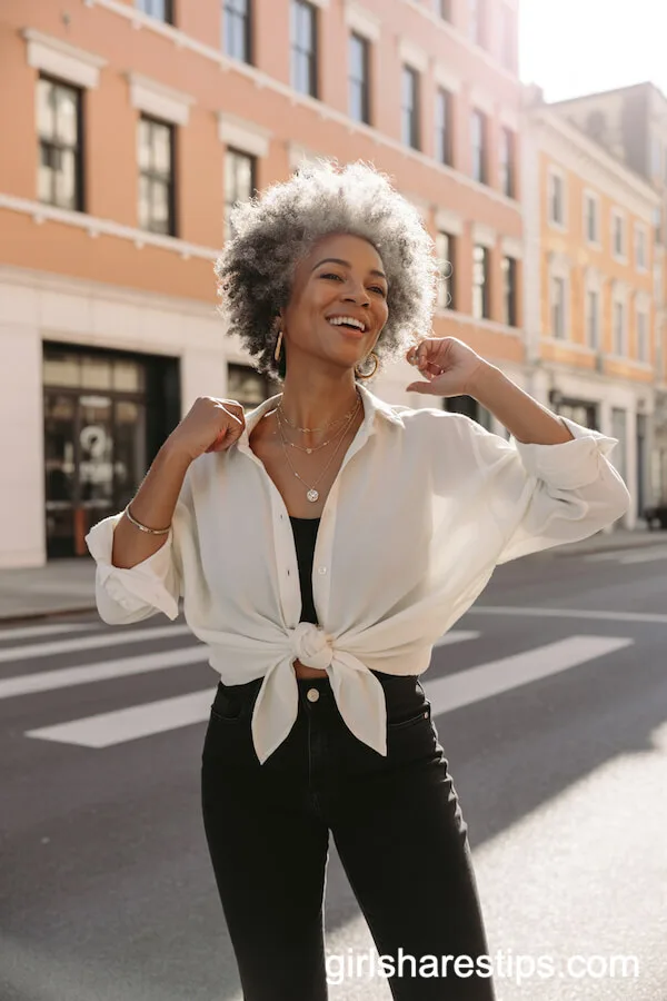 Effortless Chic: High-Waisted Black Jeans and Tied Button-Up