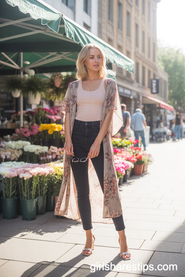 Floral Kimono Layered over Slim-Fit Black Jeans