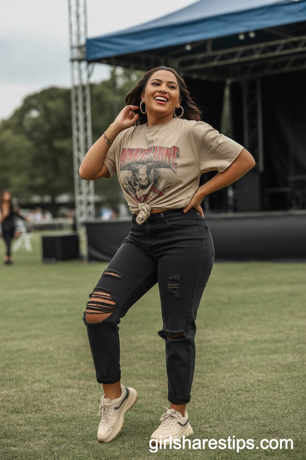 Distressed Black Jeans and Vintage Graphic Tee for a Park Look
