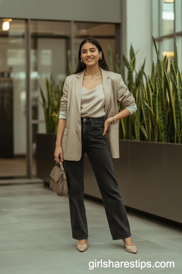 Business Casual with Black Jeans, Camisole, and Linen Blazer