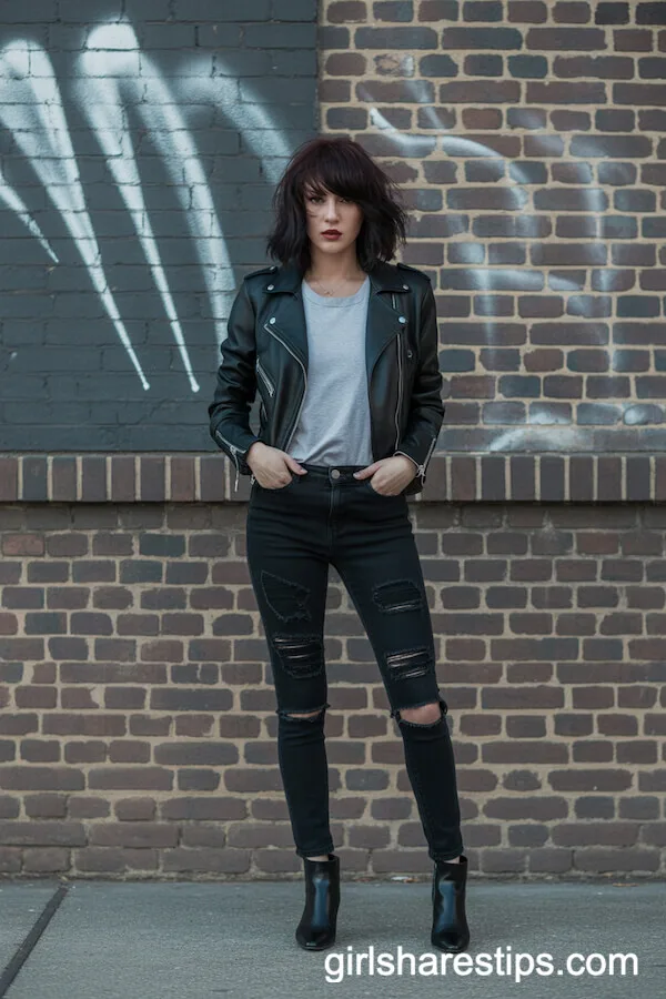 Ripped Black Skinny Jeans and Leather Moto Jacket