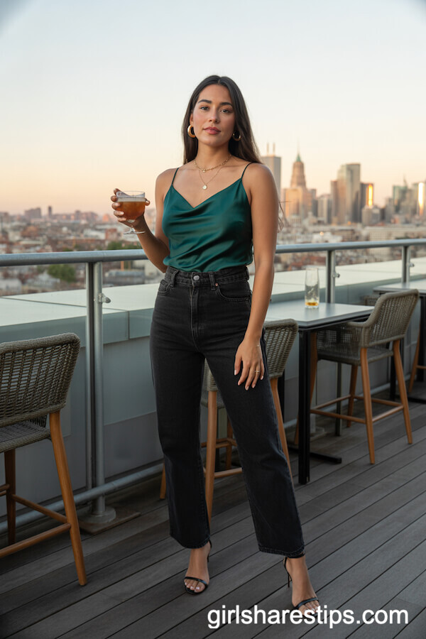 Glam Rooftop Outfit with Satin Camisole and Heeled Black Jeans
