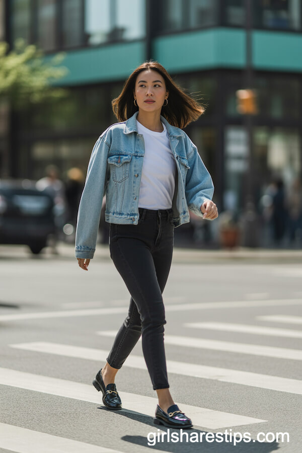 Casual Day Out in Black Skinny Jeans and Denim Jacket