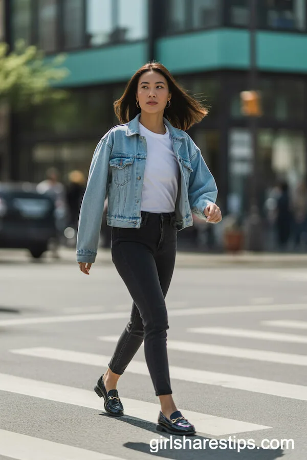 Casual Day Out in Black Skinny Jeans and Denim Jacket
