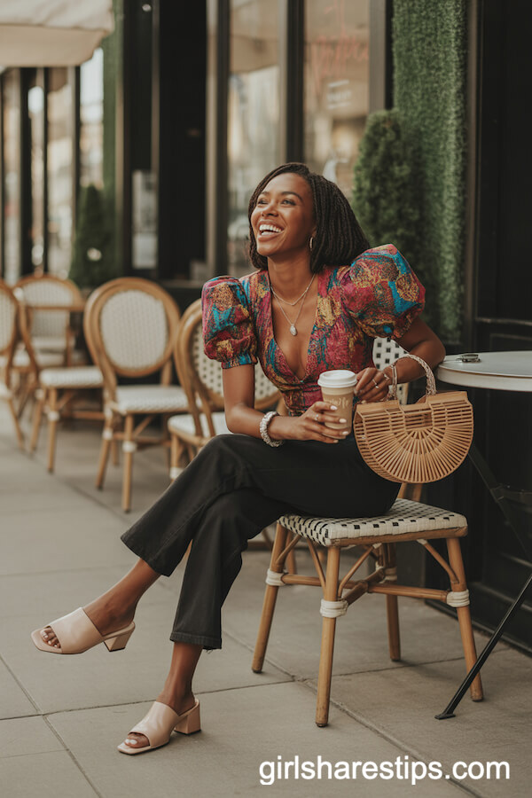 Bold Statement Blouse with Black Cropped Jeans at a Café