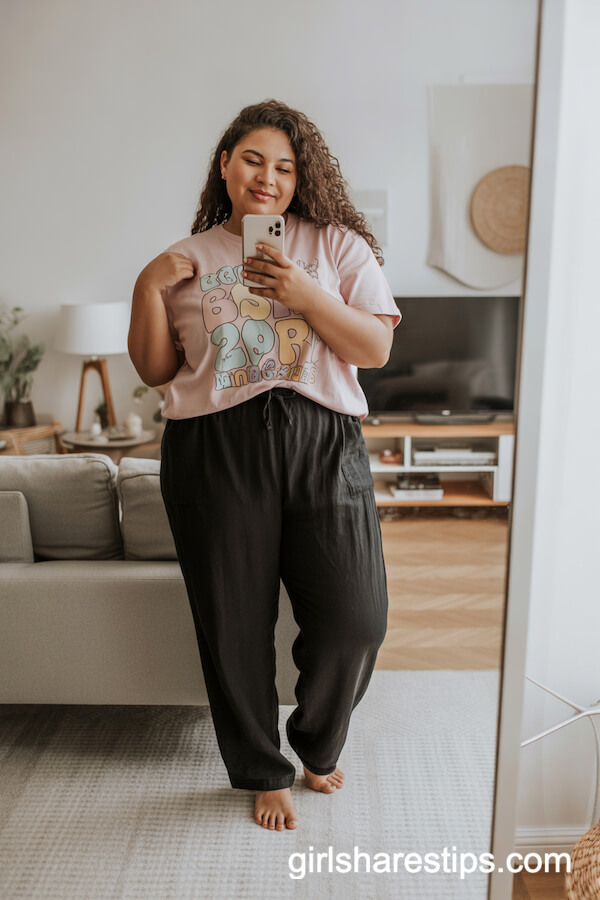 Loose Black Linen Pants with Playful Pastel Graphic T-Shirt