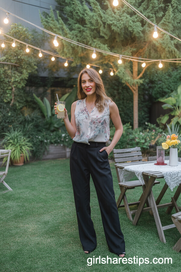 Black Dress Pants with Sleeveless Floral Blouse